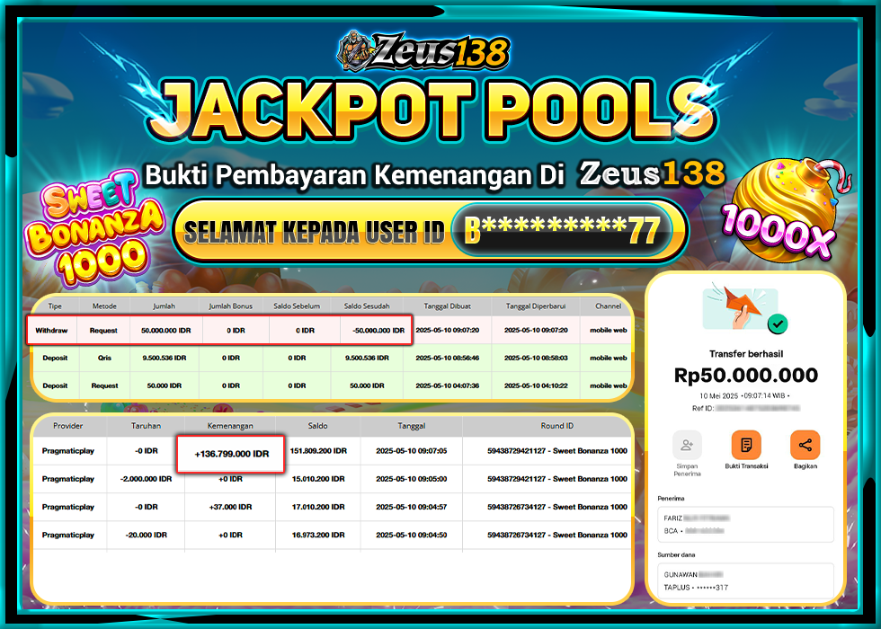 ZEUS138 SWEET BONANZA 1000 Rp.50.000.000,-